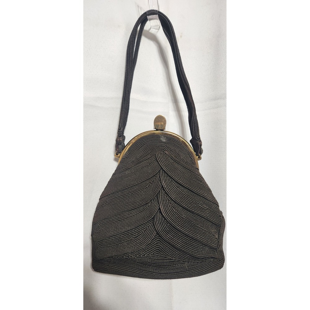 Vintage Lefaye Genuine Corde Handbag Brown Chevron Corded Kiss Lock Evening Bagβ